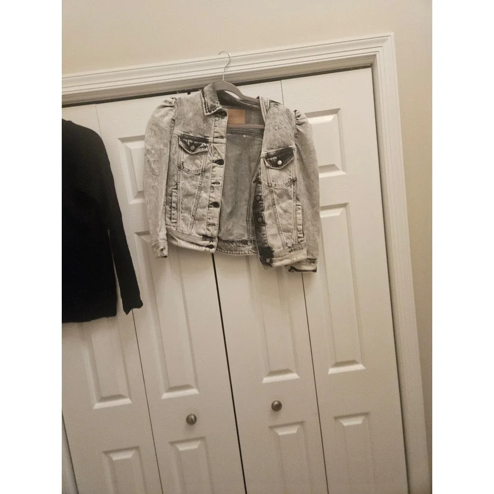 Retrofete Puff Sleeve Acid Wash Denim Jacket Gray Distressed Small